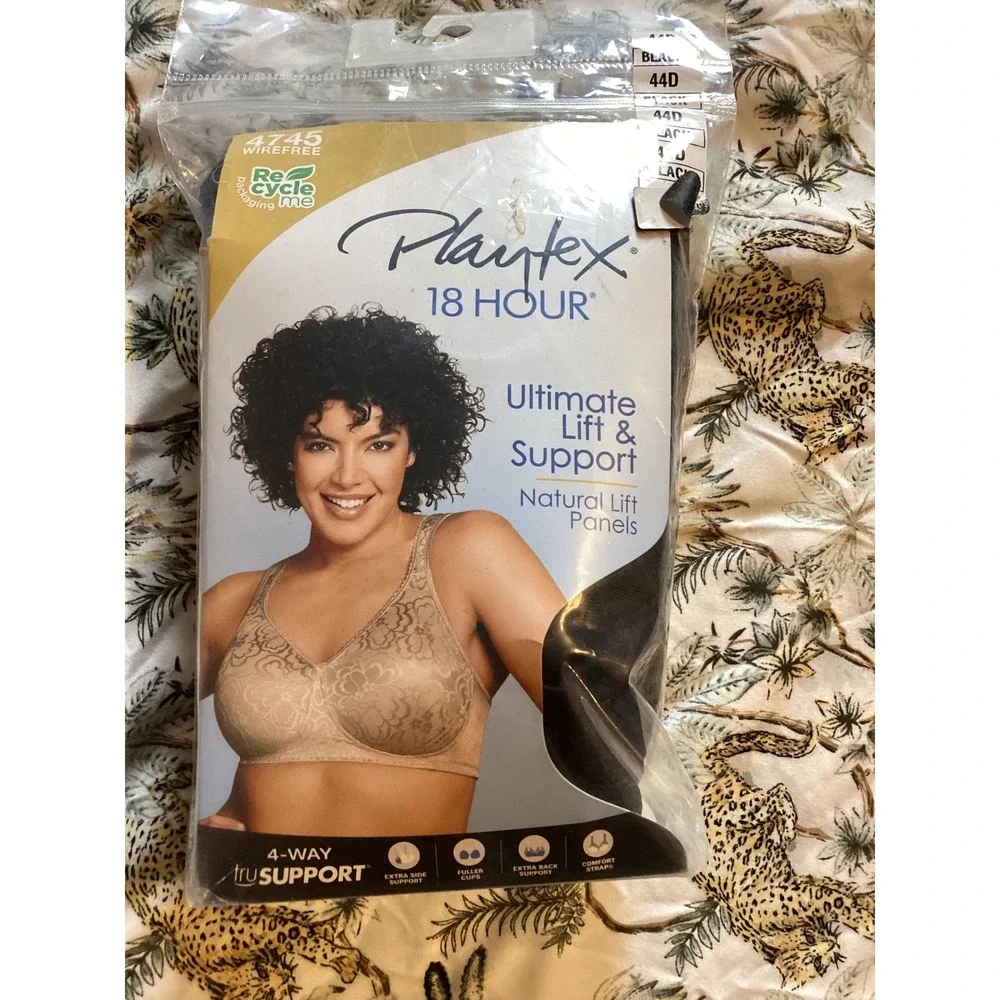 Playtex 18‎ Hour Ultimate Lift & Support Wirefree Bra Black 44D 4745 NIB